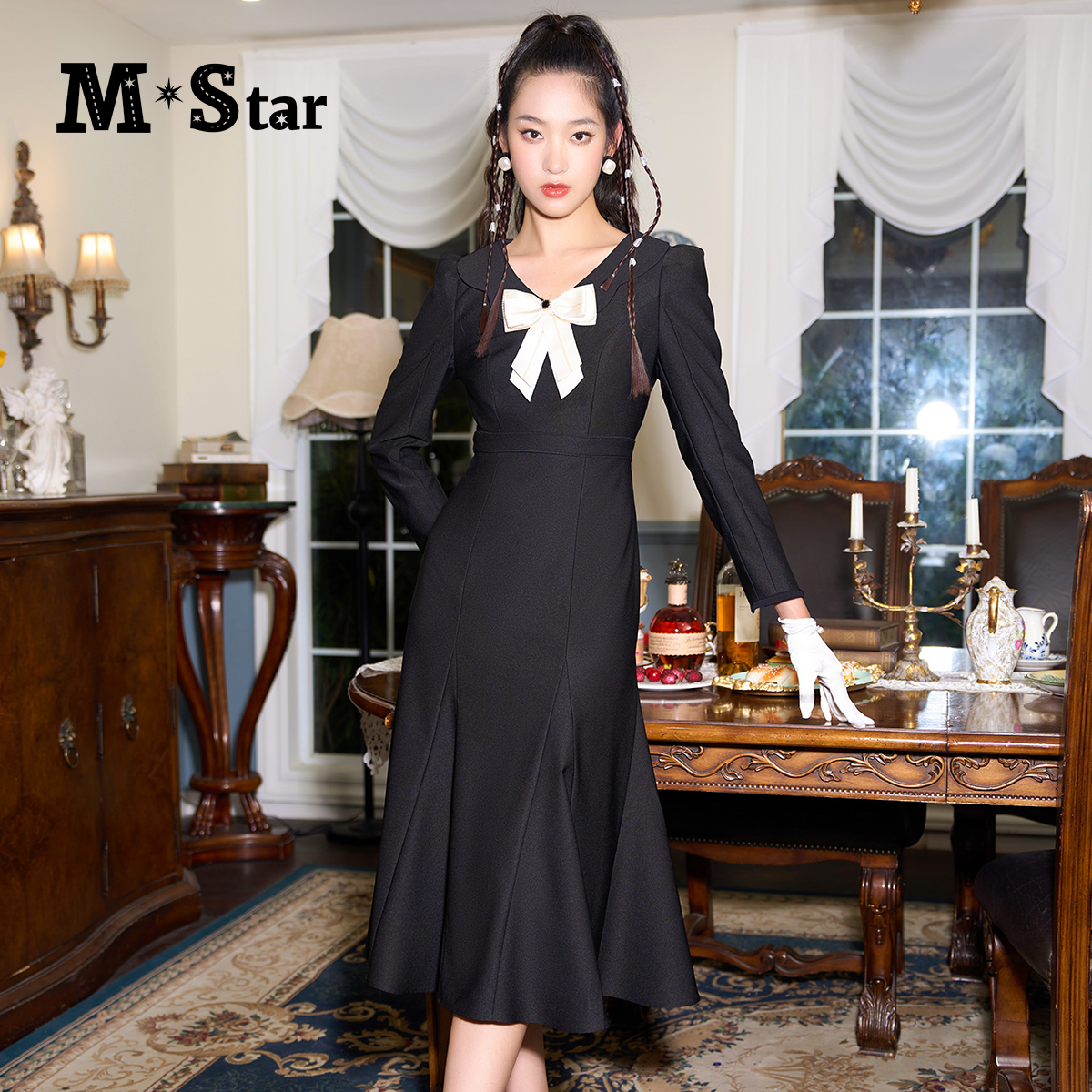 M-Star复古v领蝴蝶结长袖鱼尾连衣裙SEEL111508