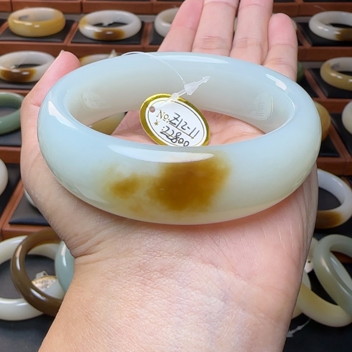 和田玉未镶嵌手镯枣红糖糖青白58.3宽胎