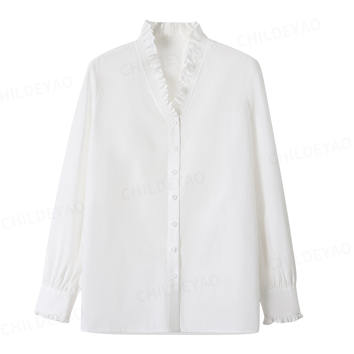 【塞纳河畔】蕾丝棉法式宫廷花边V领白色长袖衬衫ZV3253