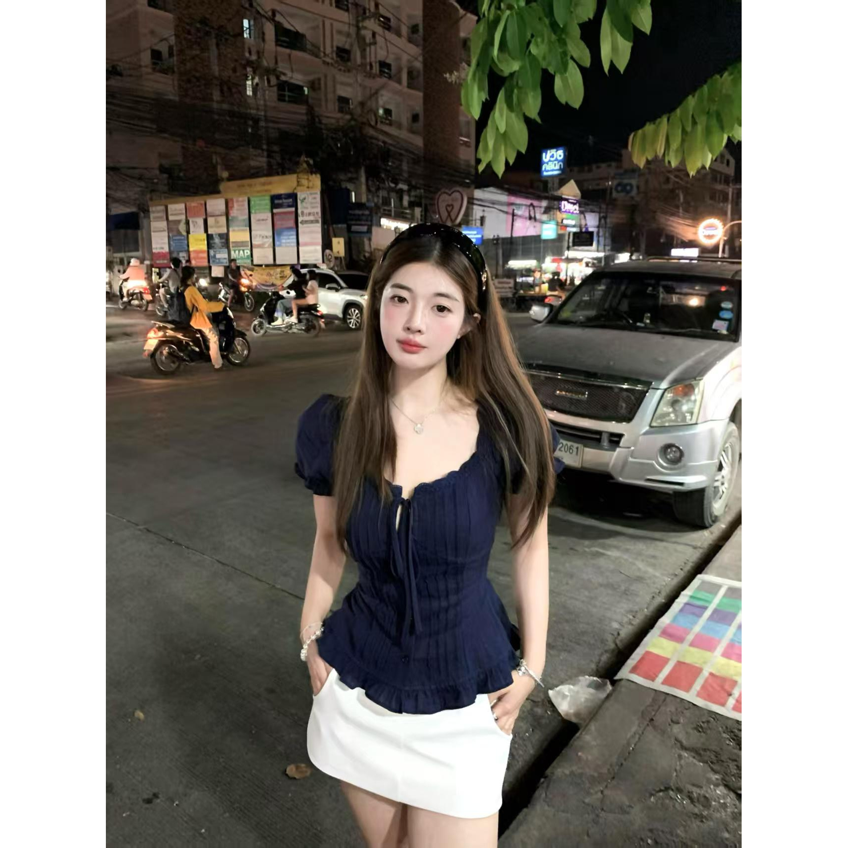 大码胖mm韩版复古木耳边泡泡袖衬衫女夏季收腰遮肉显瘦设计感上衣