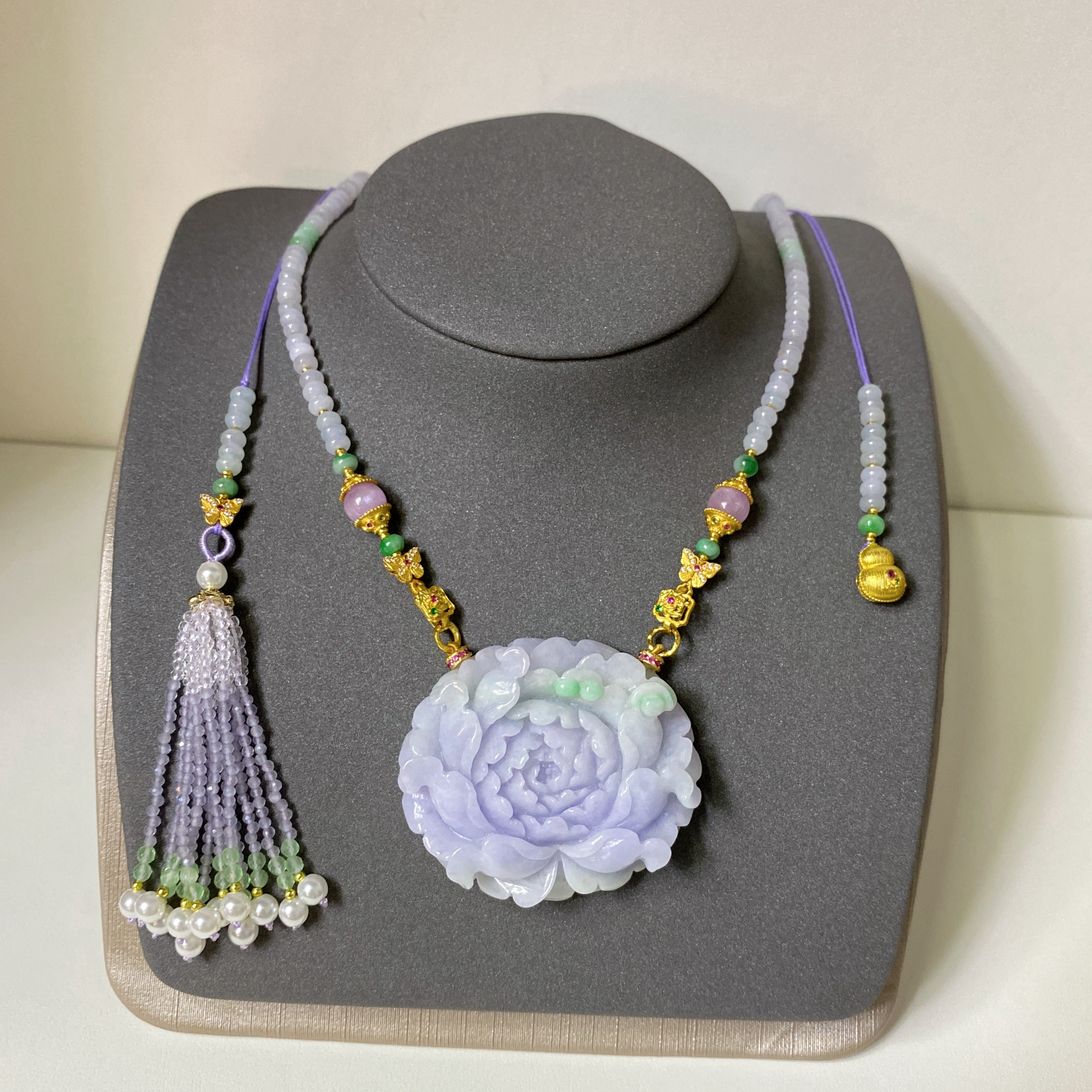 天然翡翠A货吊坠春彩牡丹花中式国风流苏