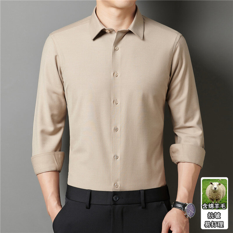 高品绵羊毛长袖衬衫中年男士商务纯色长袖衬衫商务休闲衬衣男