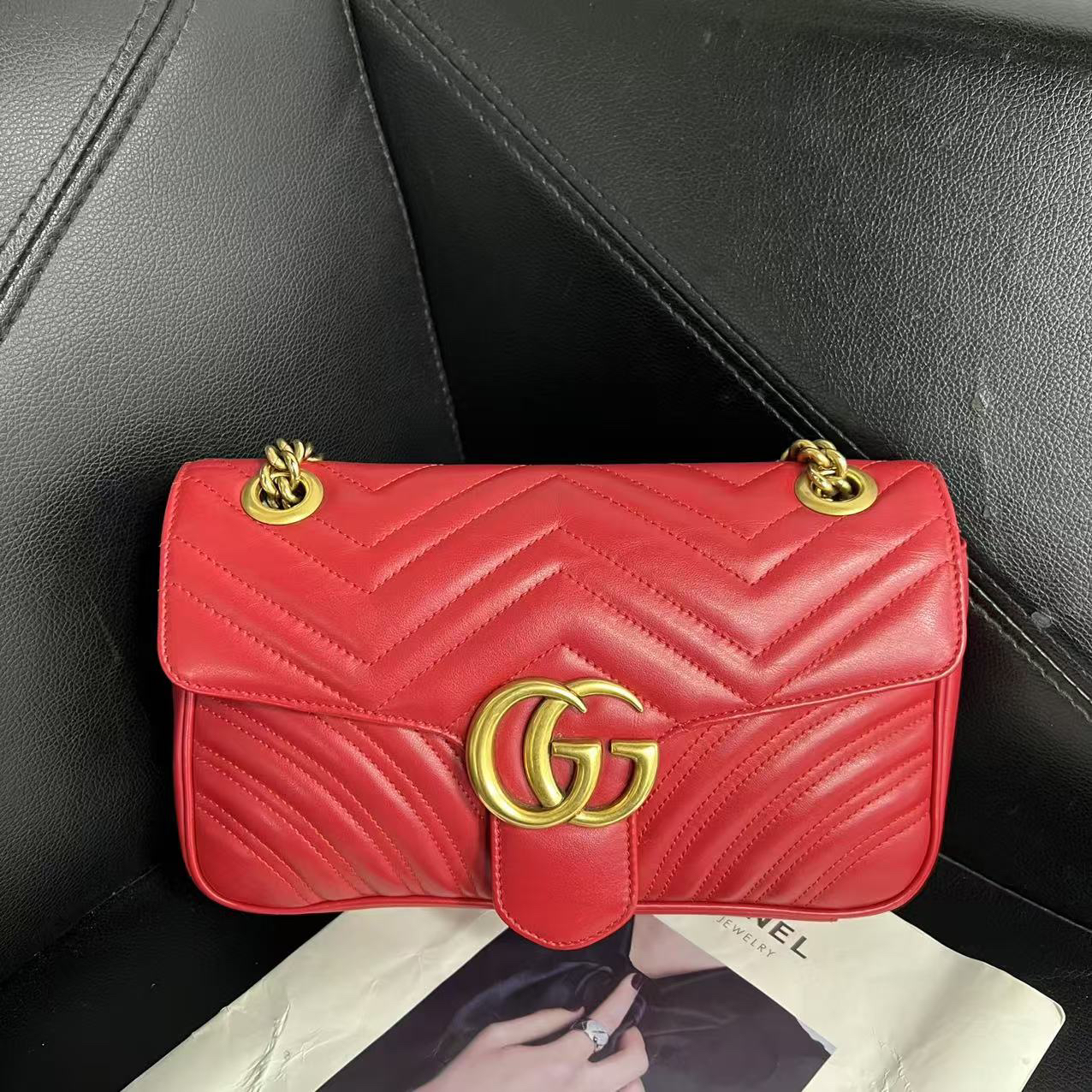 95新 GUCCI/古驰 捐金沉珠/红金马蒙26单肩