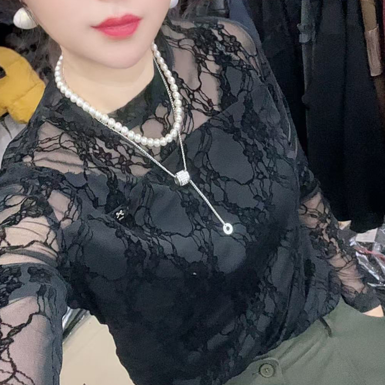 长袖休闲T恤套装黑色修身型衬衫袖女士碎花常规款