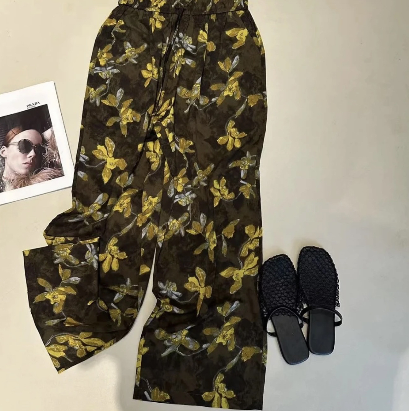 2025夏季新款时尚洋气韩版法式印花宽松冰凉女高腰显瘦直筒裤