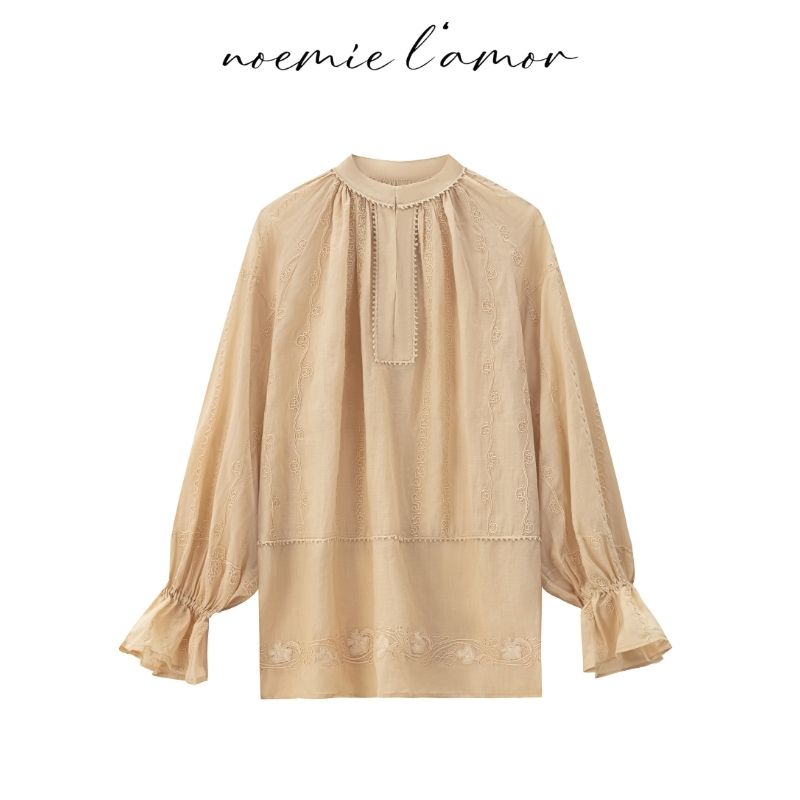 文艺松弛感 / 立体刺绣_米色苎麻衬衫女 2025 新款复古上衣7051