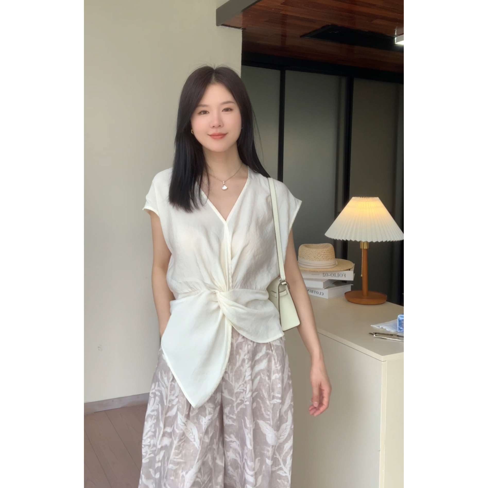 V领法式衬衫+长裤两件套褶皱印花常规韩版上衣裤子温婉风江南风