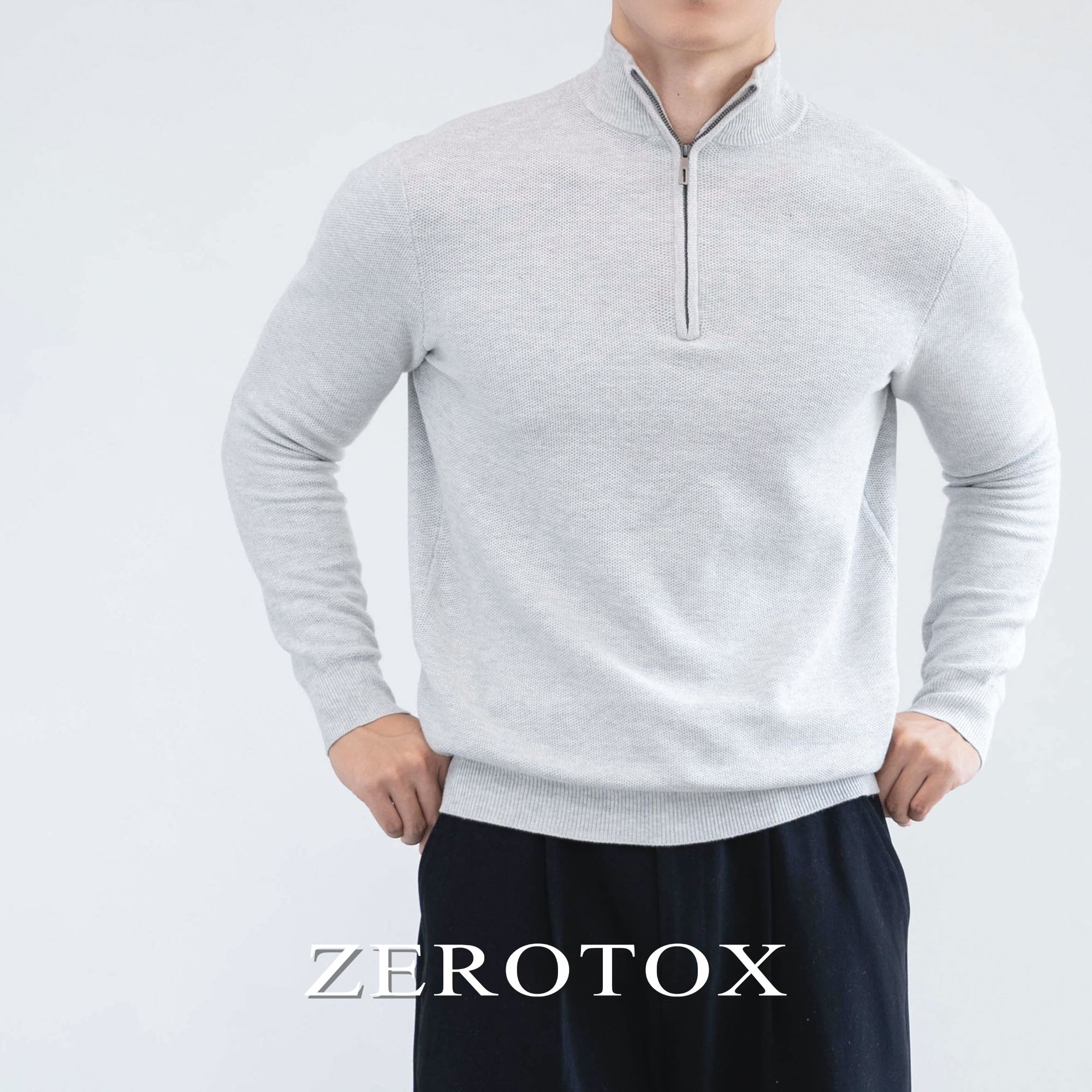 简约休闲 半高领拉链全棉交织针织打花组织极简高级感净色秋冬男
