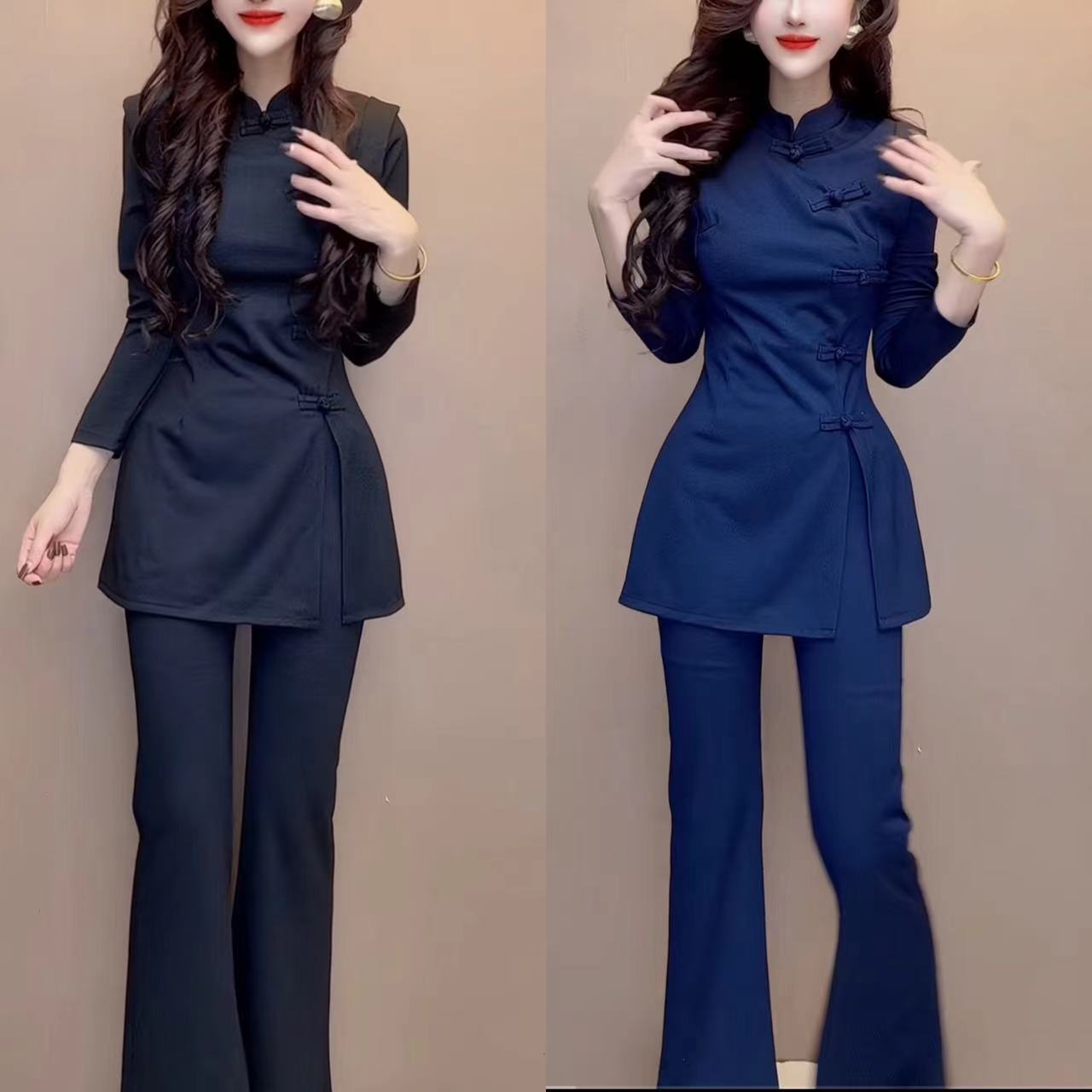 拼接长袖 旗袍款式上衣喇叭裤两件套女