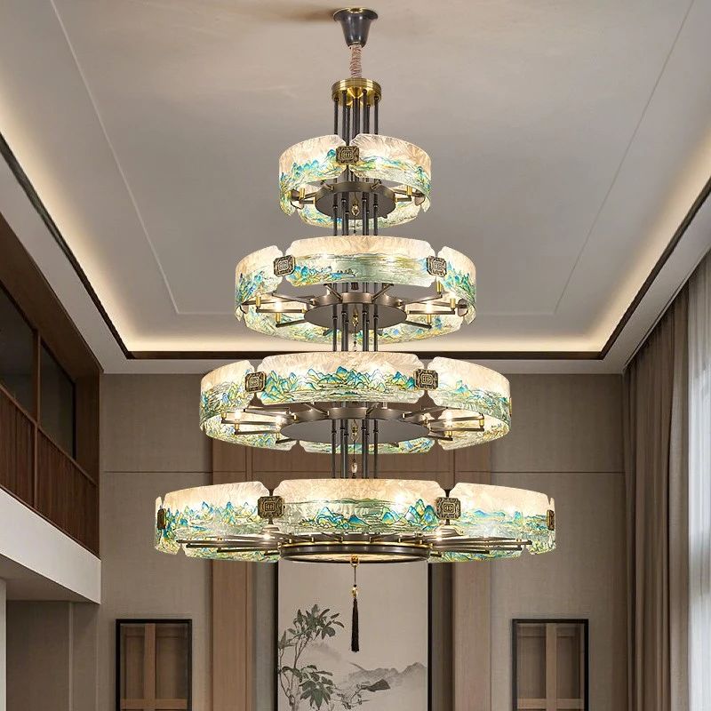 珐琅彩高端别墅复式楼大厅灯宋式美学新中式客厅餐厅书房全铜吊灯
