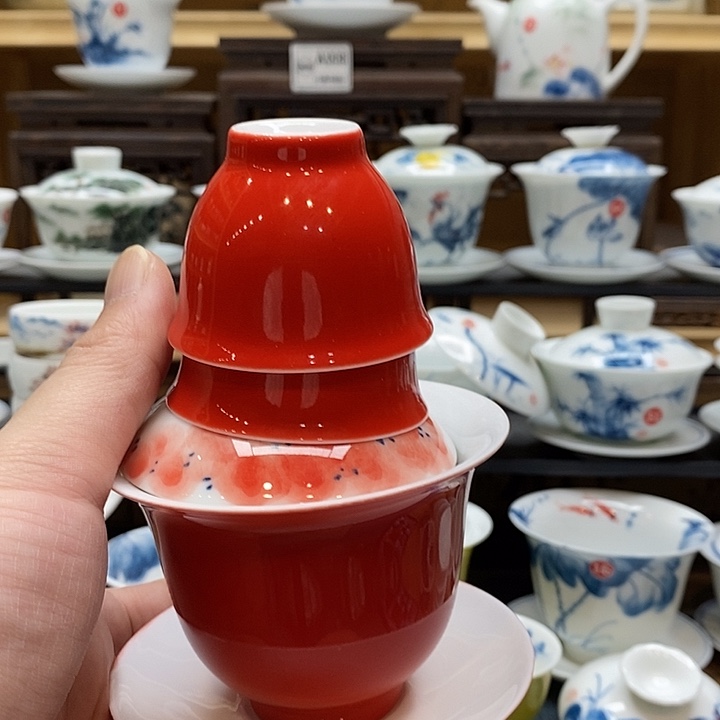 手绘微瑕荷花盖碗加2个杯