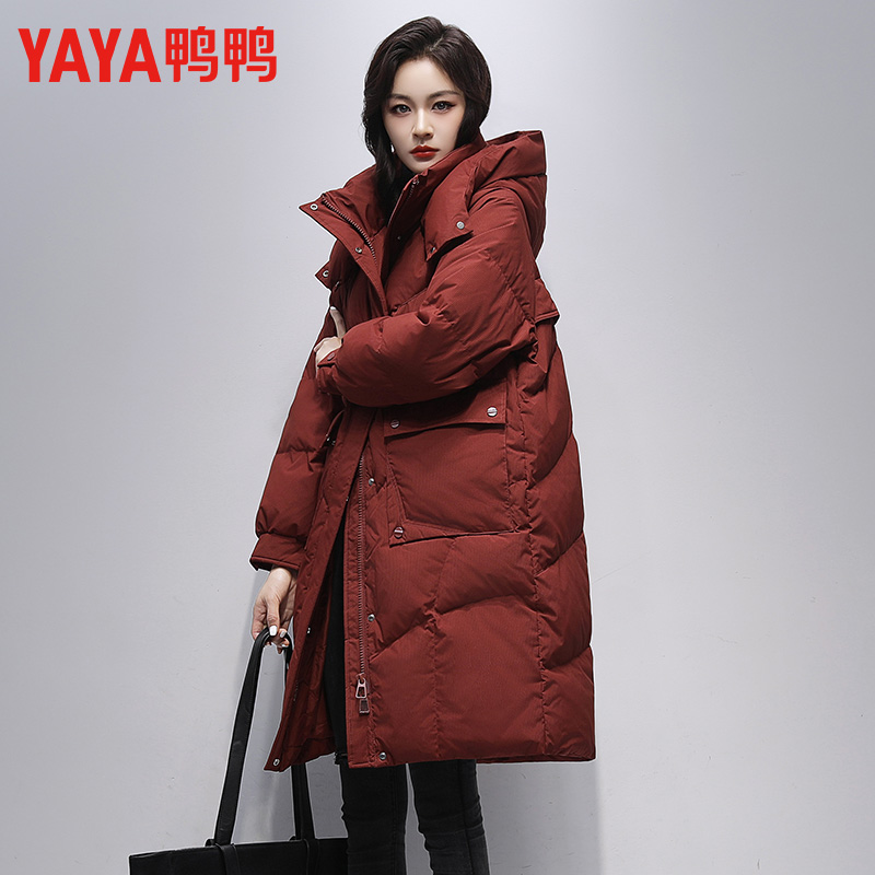 鸭鸭连帽女士羽绒服中长款2025冬季新款丫丫韩版时尚90鸭绒外套