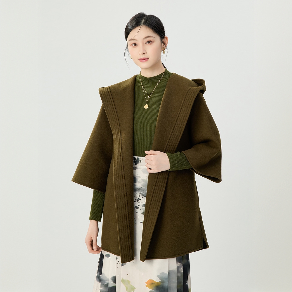 GIRDEAR/哥弟秋冬宽松毛呢时尚百搭斗篷式连帽双面呢大衣1400790