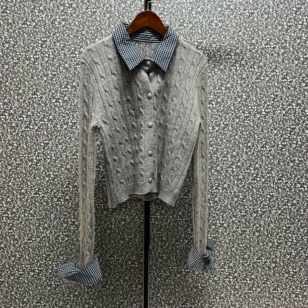 学院风拼接翻领假两件针织开衫女时尚气质显瘦百搭上衣