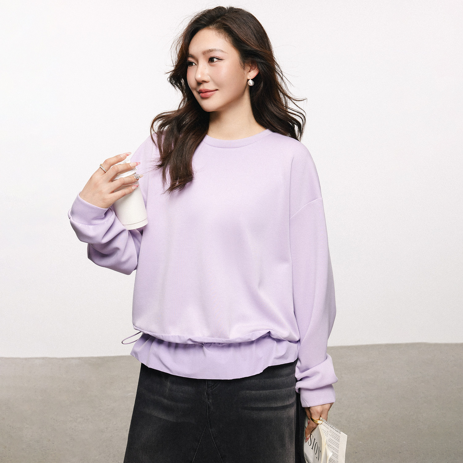 PLUSMALL 云雾浅莓 莫代尔空气层下摆拼接抽绳卫衣PLUS2512020