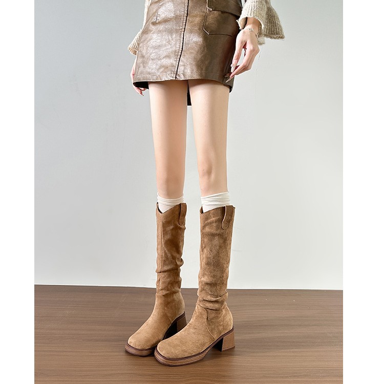 热辣风内增高显瘦堆堆靴粗跟高筒西部牛仔靴方头高跟V口长筒靴女