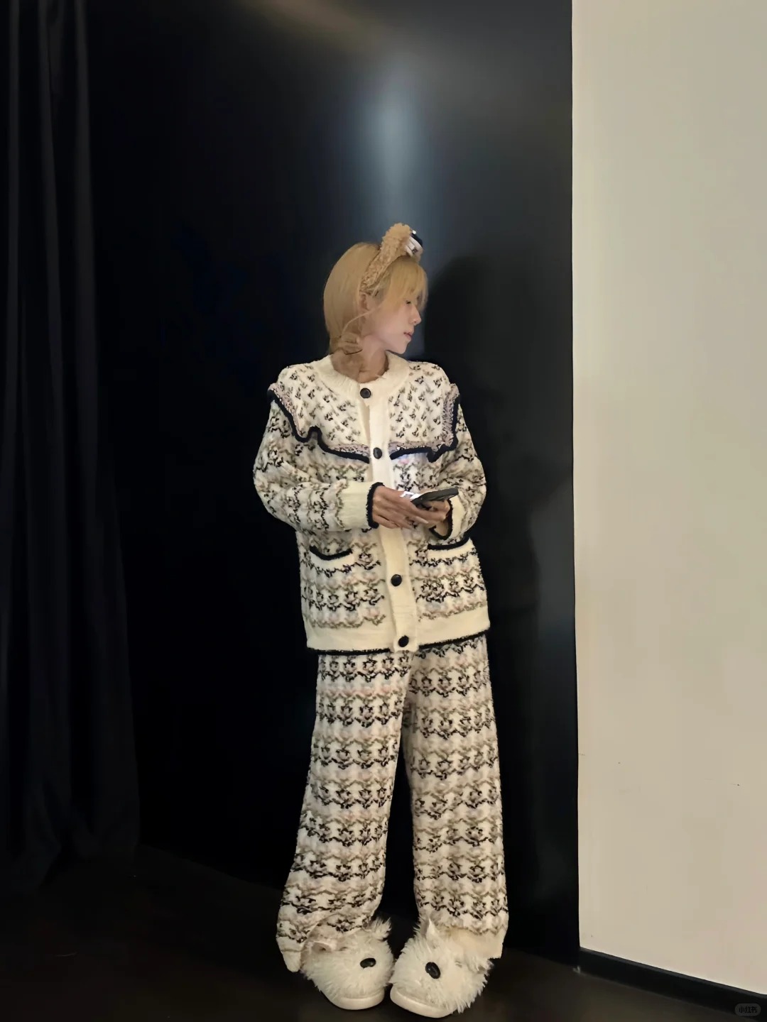 复古费尔岛风碎花针织半边绒睡衣女冬季新款加厚加绒家居服套装