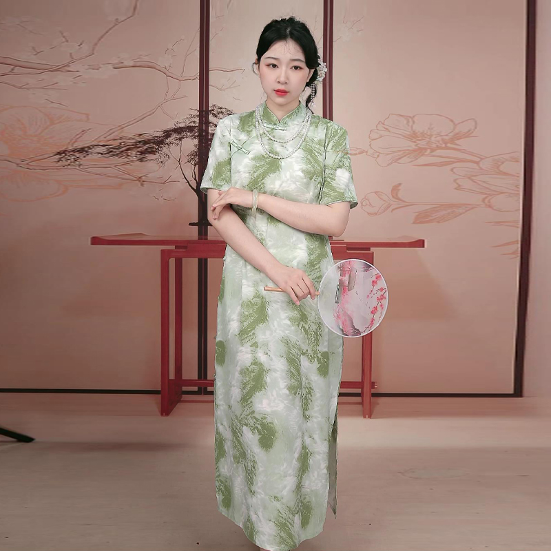 烟雨绸微胖大码绿色系连衣裙长款新中式年情况少女气质夏季日常女