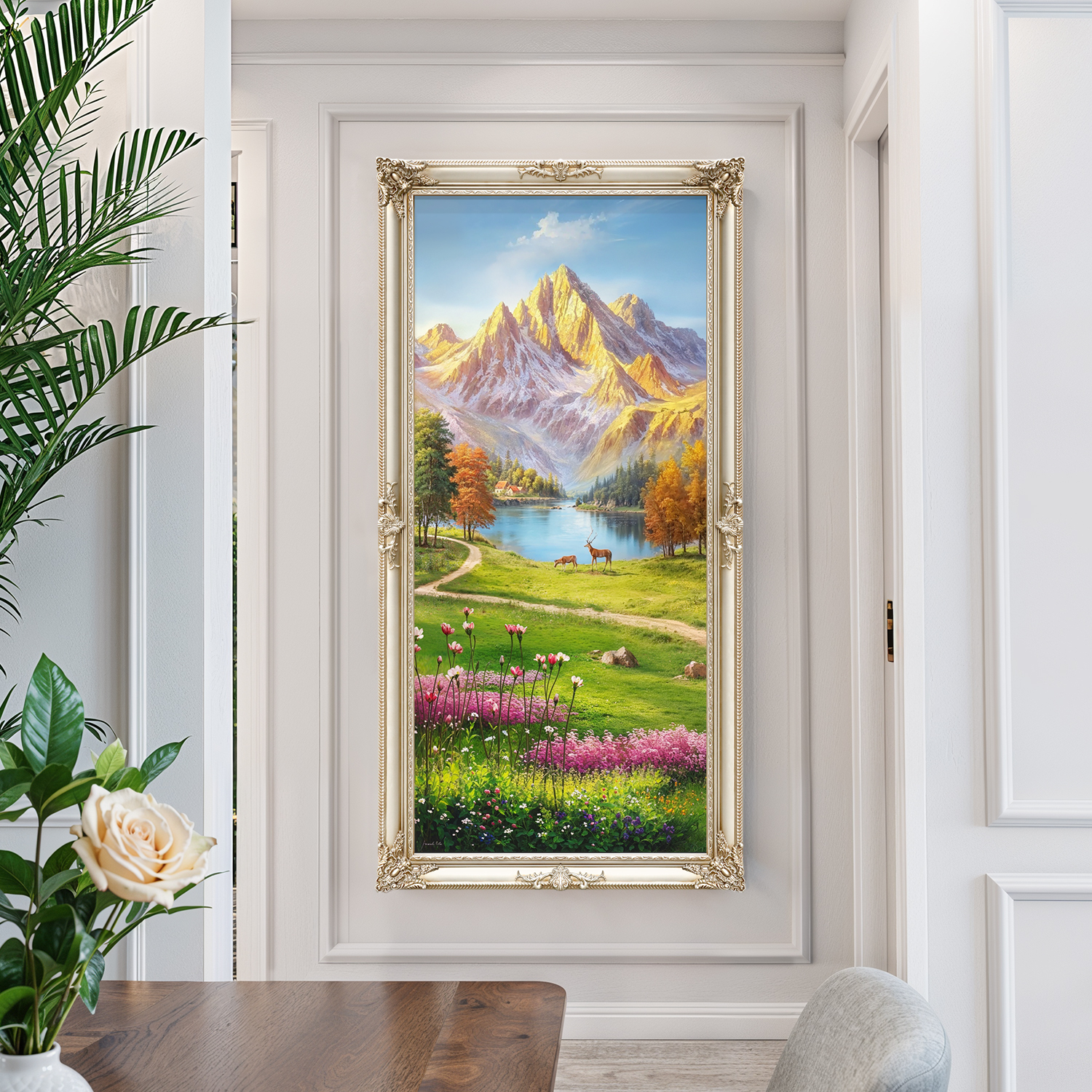 玄关油画风景金山聚宝盆装饰画竖版走廊过道简欧欧式挂画大芬村画