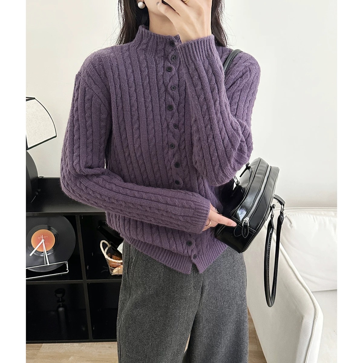 6010【迪好甄选】春季新款女装女士设计感波浪门襟针织开衫毛衣上衣