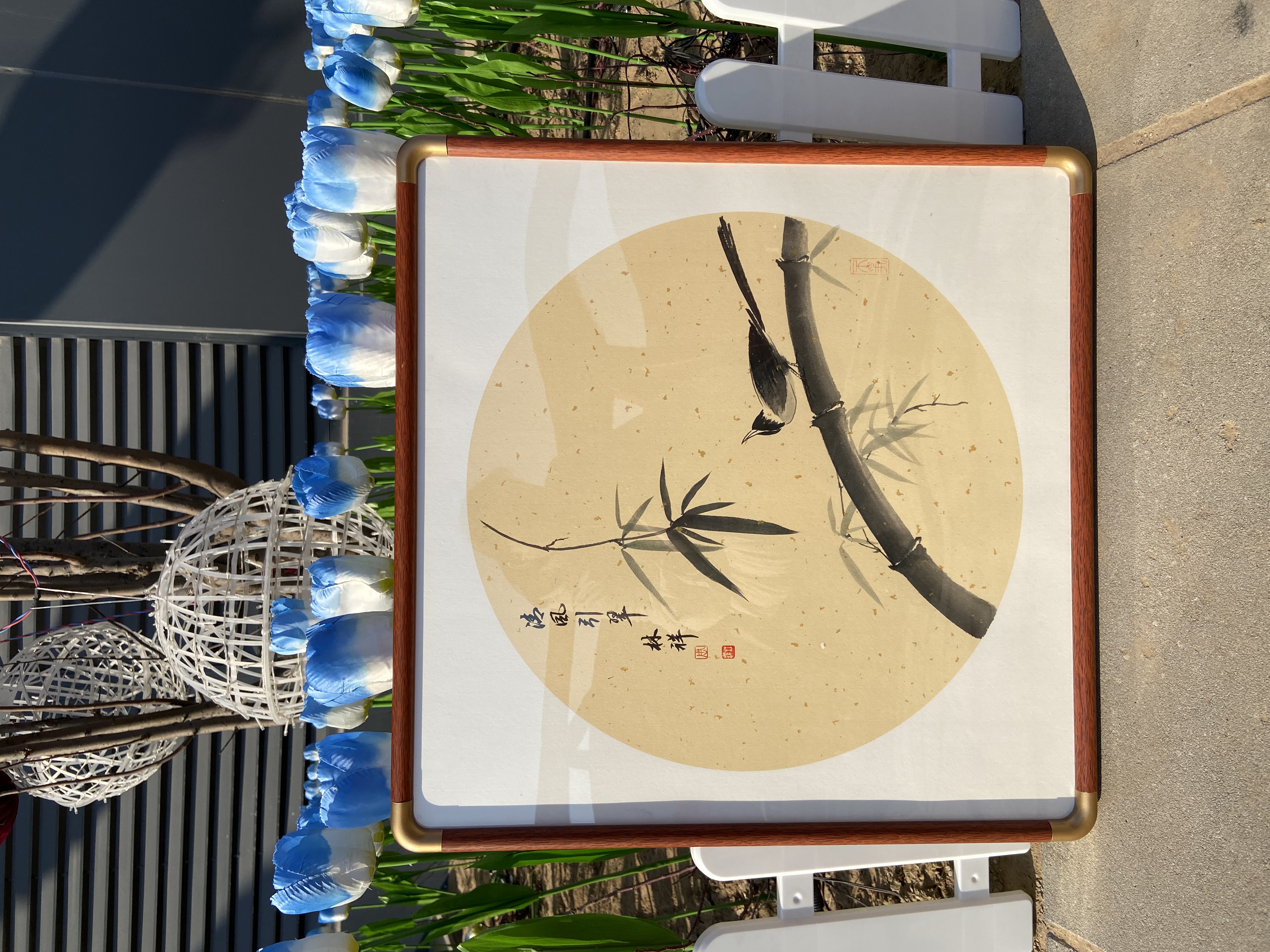 纯手绘写意画竹子小鸟，水墨花鸟，53×53厘米，带框子发货！