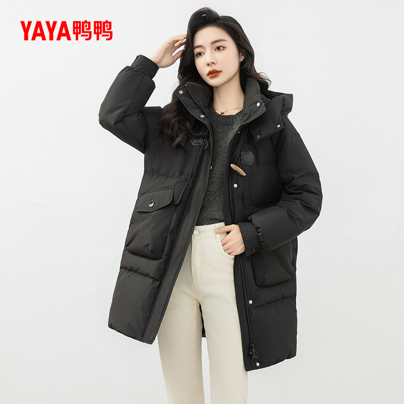 YAYA/鸭鸭中长款羽绒服女新品时尚百搭连帽鸭绒厚外套YE3B635635L