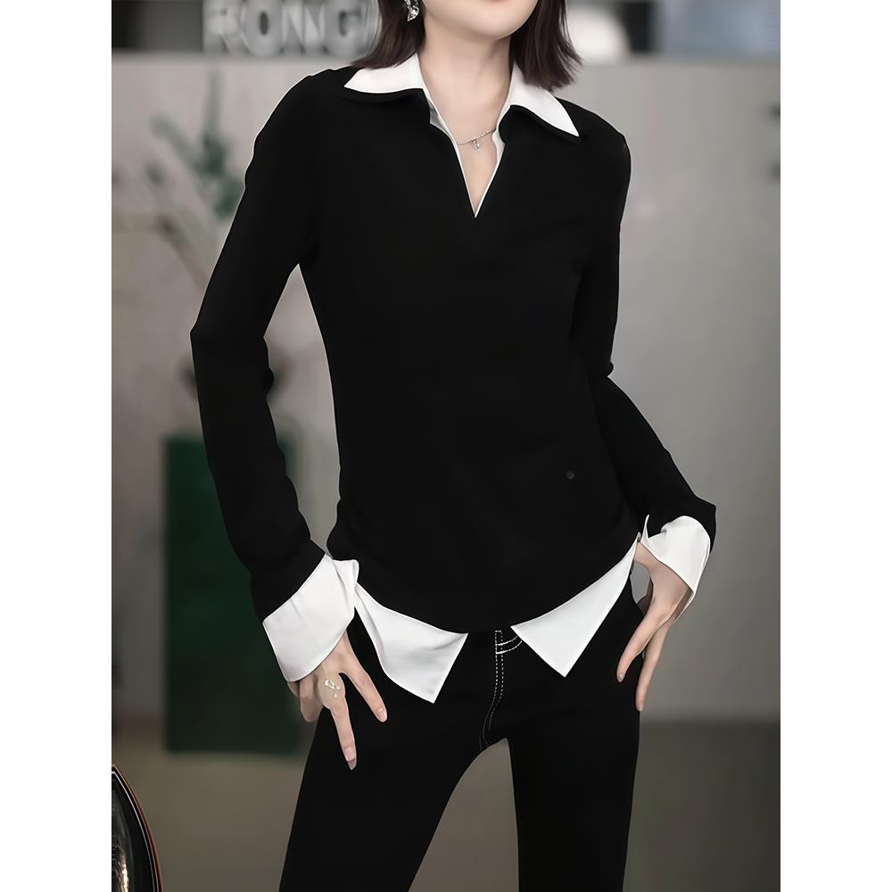 假两件撞色拼接针织长袖卫衣女秋冬2025秋季新款小众别致女士上衣
