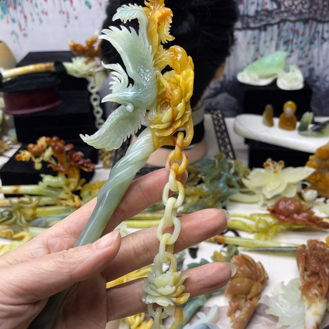 【闪购商品】蛇纹石玉发饰合金你**字