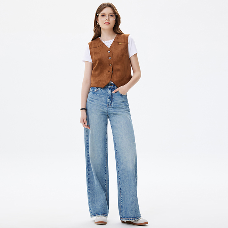 高端2025春秋季牛仔裤女高腰小个子拖地裤知性磨边窄版阔腿裤