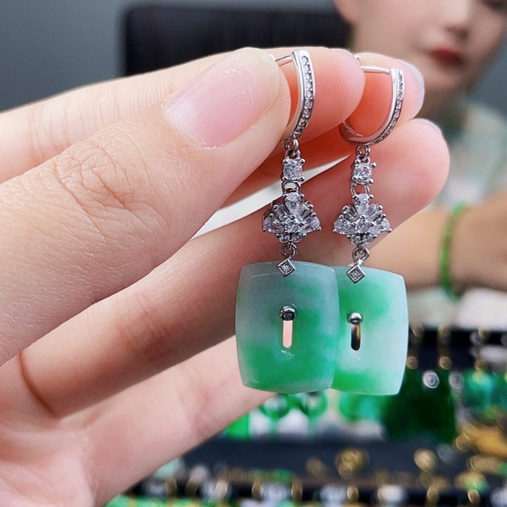 翡翠耳饰银S925镶嵌饰品