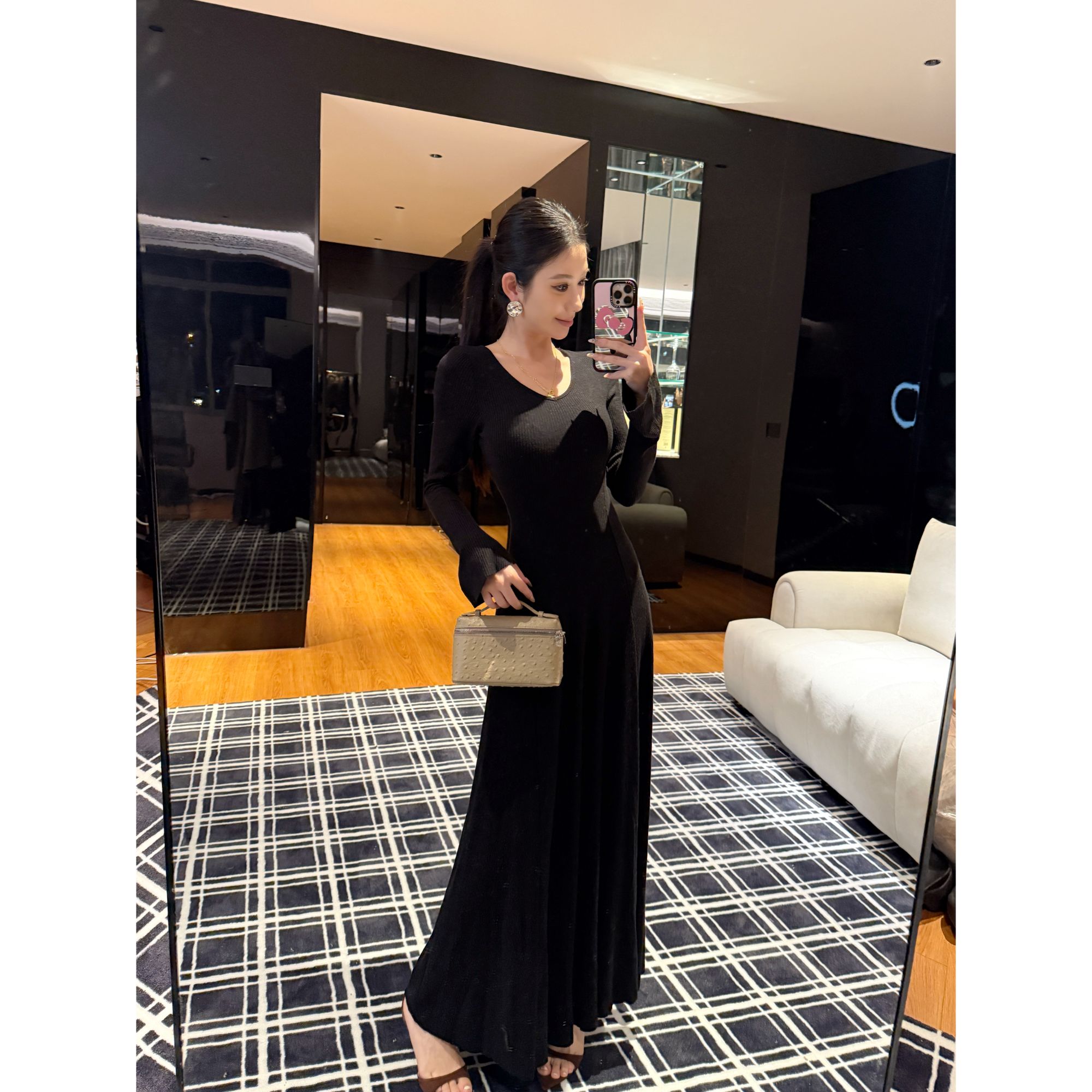 【经典款】喇叭袖长款法式织连衣裙女秋冬气质修身内搭长裙长袖收腰