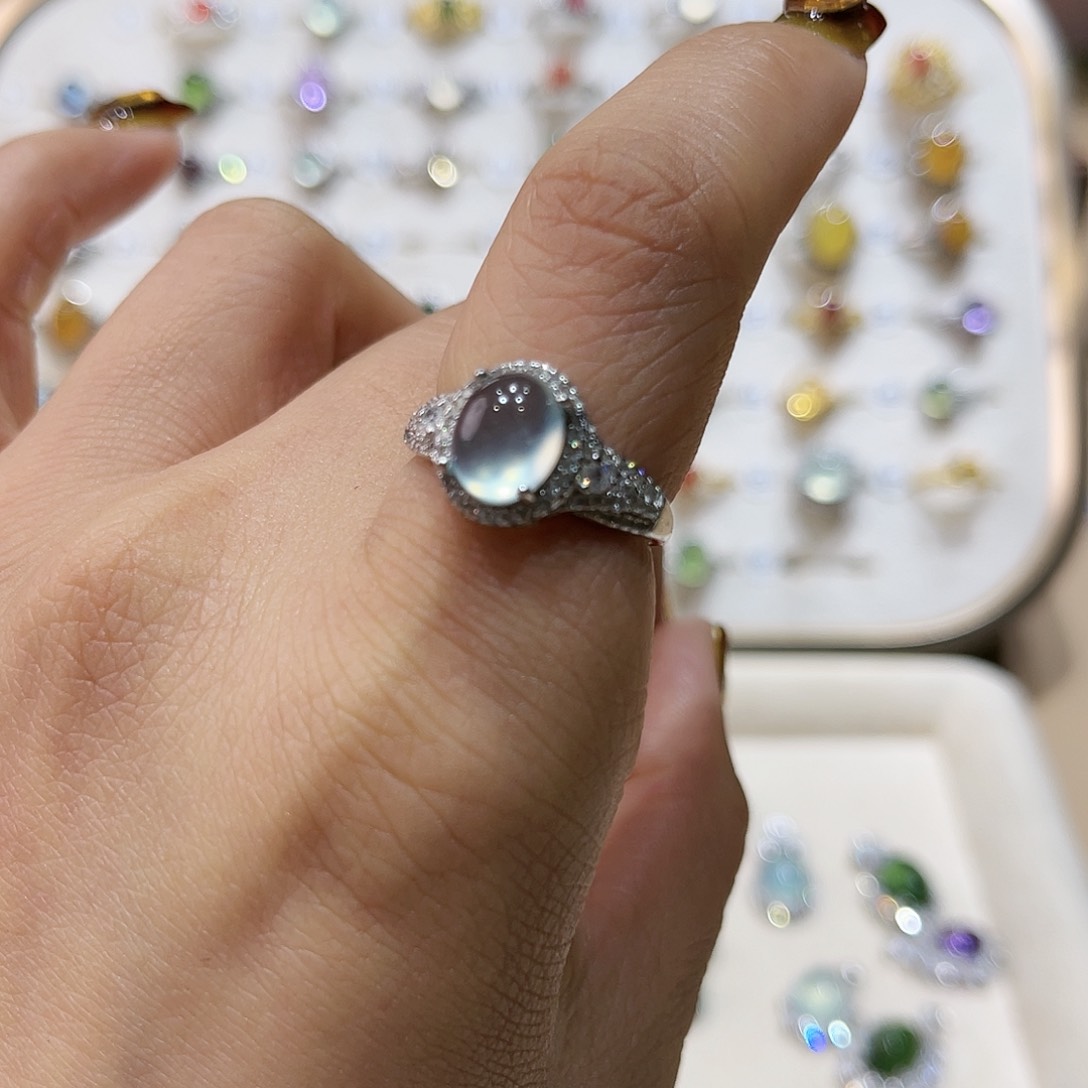 蛇纹石玉戒指银S925镶嵌戒指