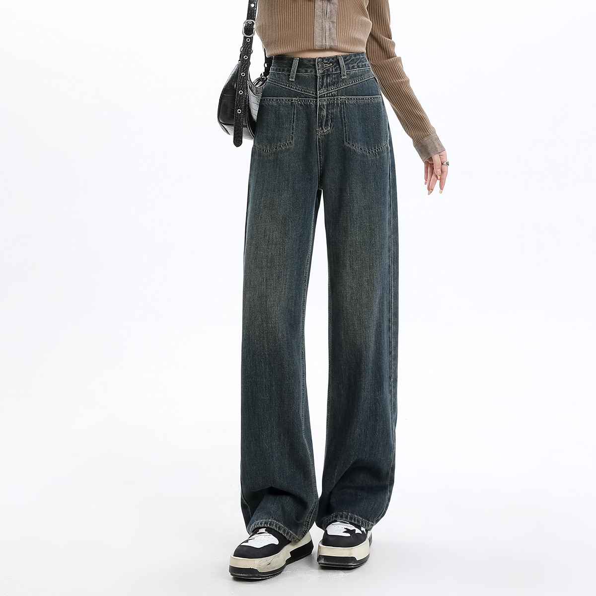 茵曼秋冬直筒牛仔裤女25年显瘦高腰休闲复古百搭宽松拖地长裤子