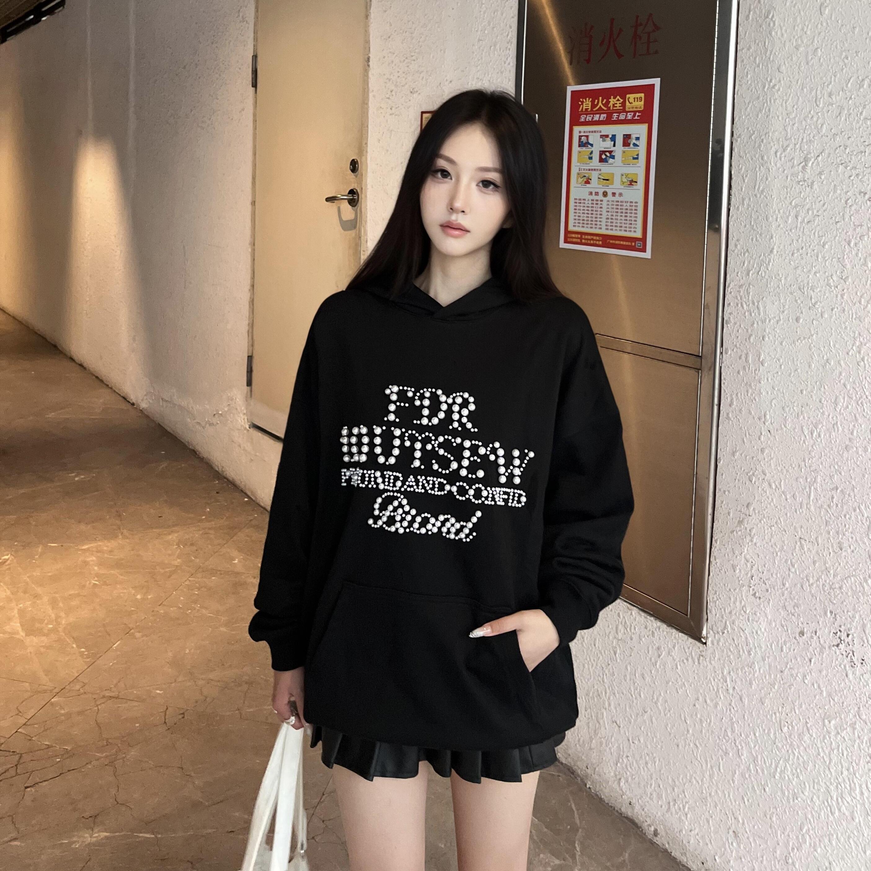 美式复古珍珠连帽卫衣女2025秋冬新款重磅情侣装宽松休闲上衣帽衫