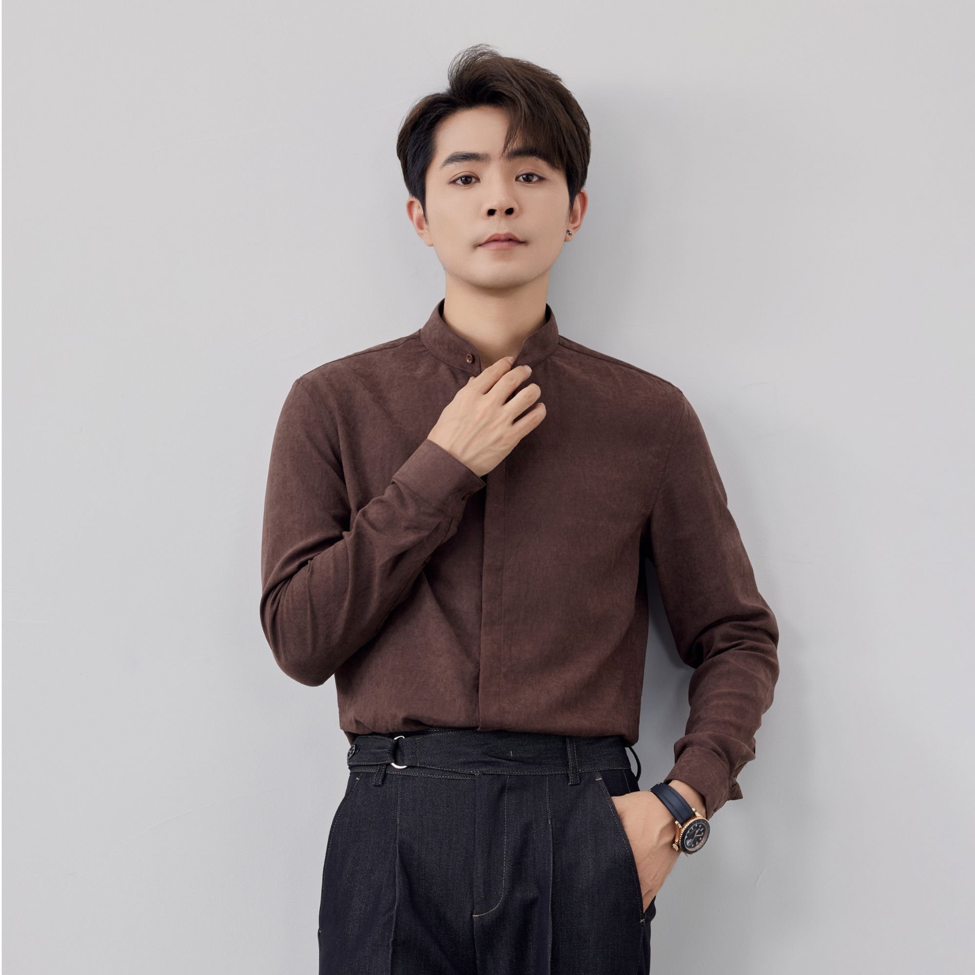 【润哥】肌理感复古老钱风中山领长袖衬衫 抗皱立领衬衣男 7176