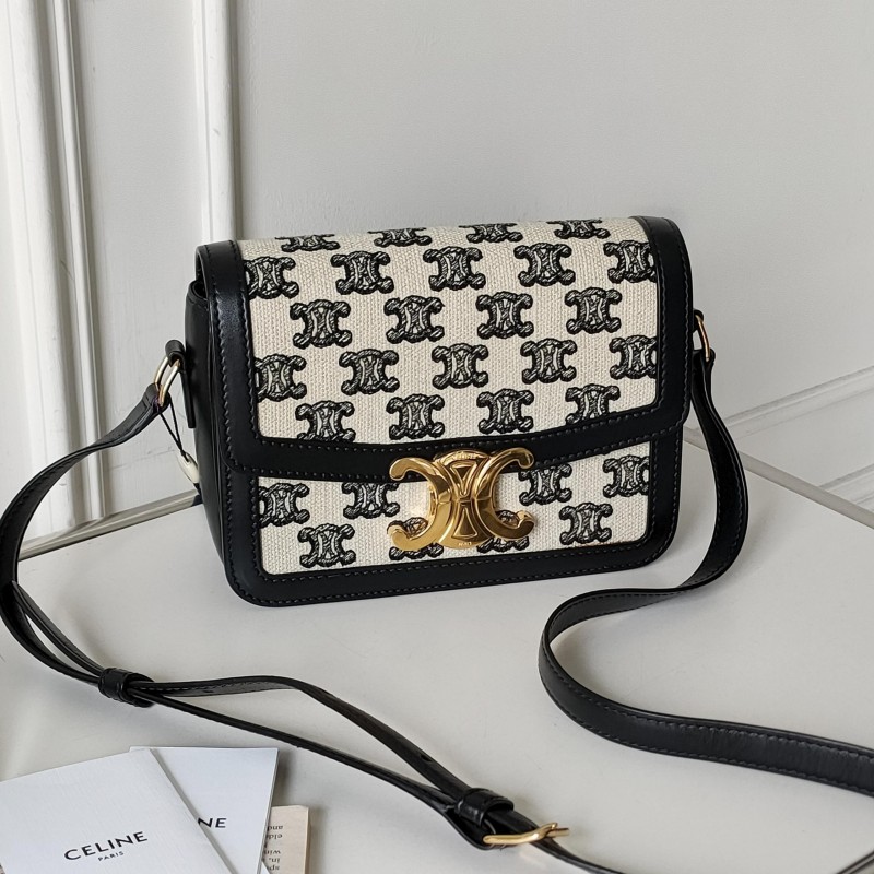 95新 Celine/思琳 【24期】黑金老花帆布凯旋门teen斜挎包/50550