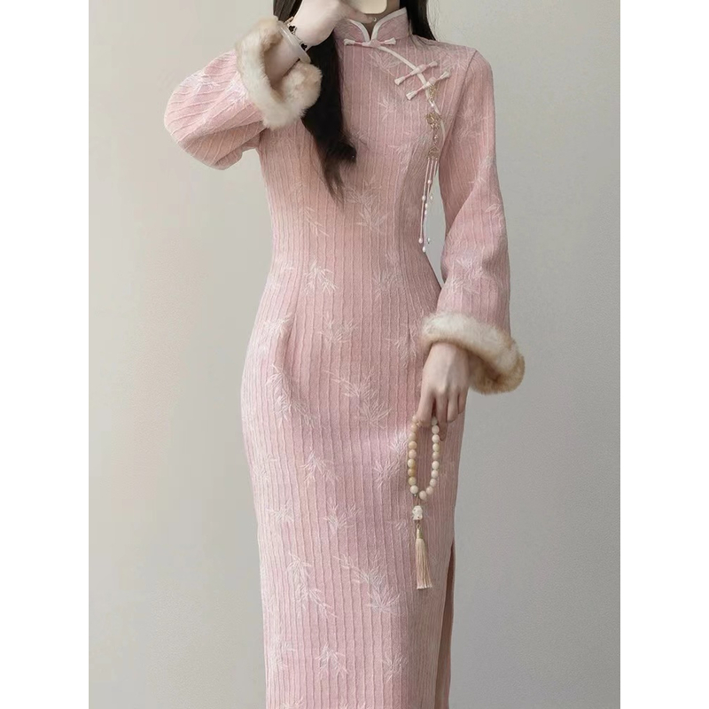 465-粉色 竹子 倒大袖 淑女 旗袍 【没有 流苏 】