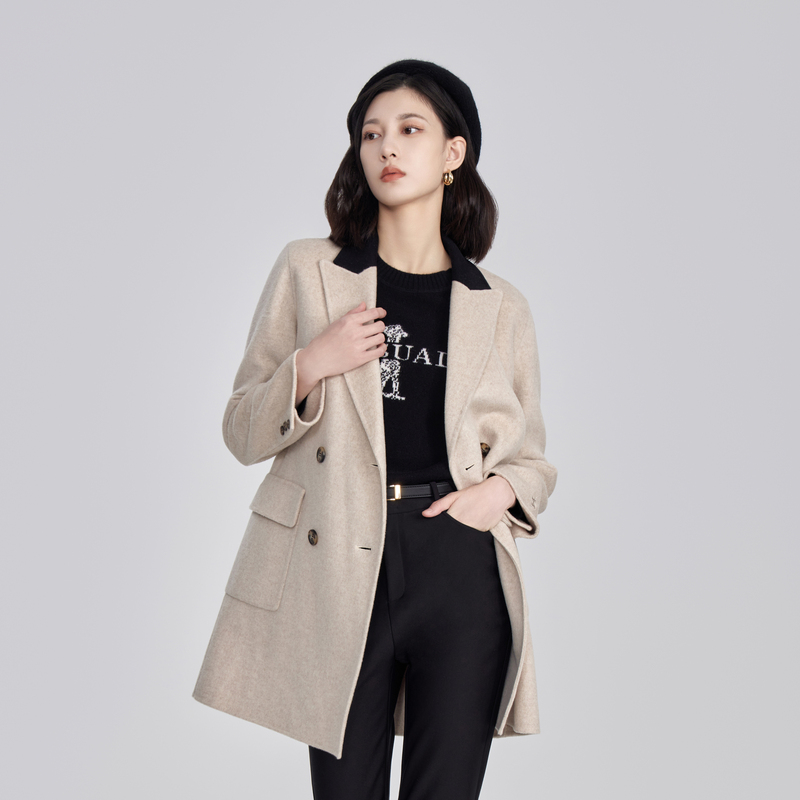 OBEG欧碧倩冬季撞色双面呢休闲中长款手长大衣10444114