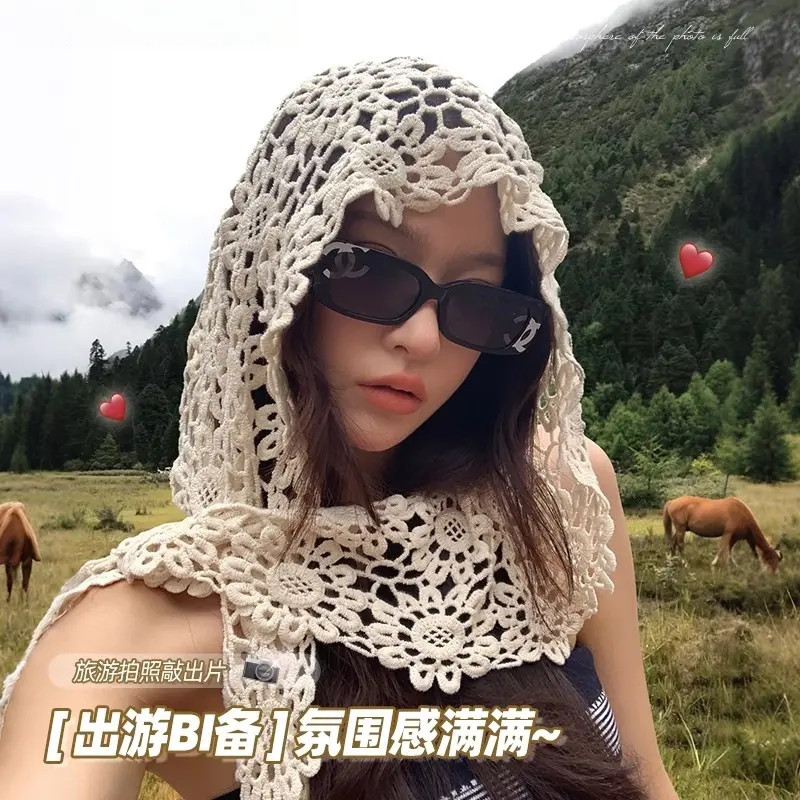 新款棉质时尚女士四季镂空多用披肩帽子旅游拍照针织套头帽