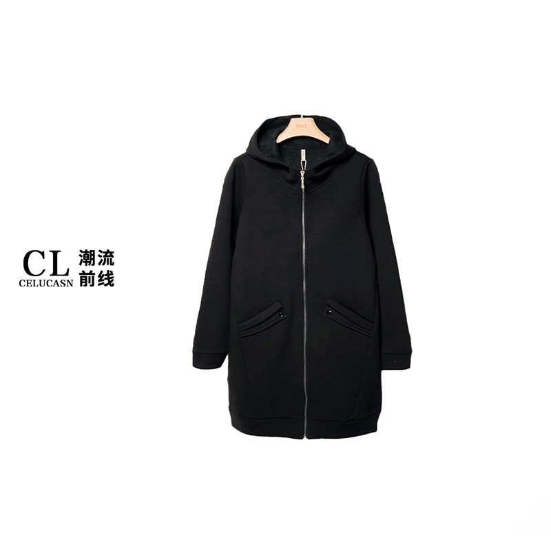 E6WIZ598#秋冬款女装卫衣中长款拉链开衫长外套侧口袋连帽上衣女