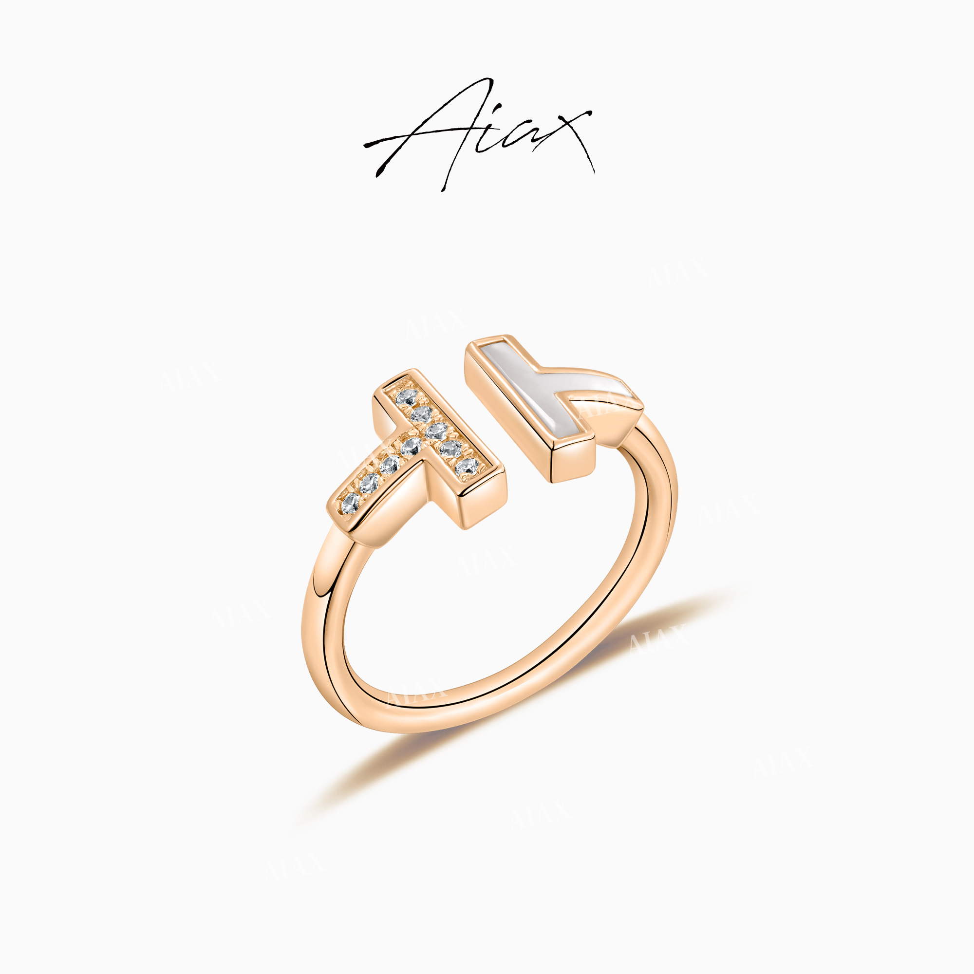 铜合金合成锆石戒指 个性气质时尚百搭轻奢双T型开口戒指TSS7347