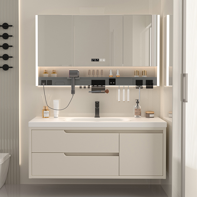 岩板热弯一体盆浴室柜洗脸盆柜组合洗手池卫生间洗漱台面镜奶油风