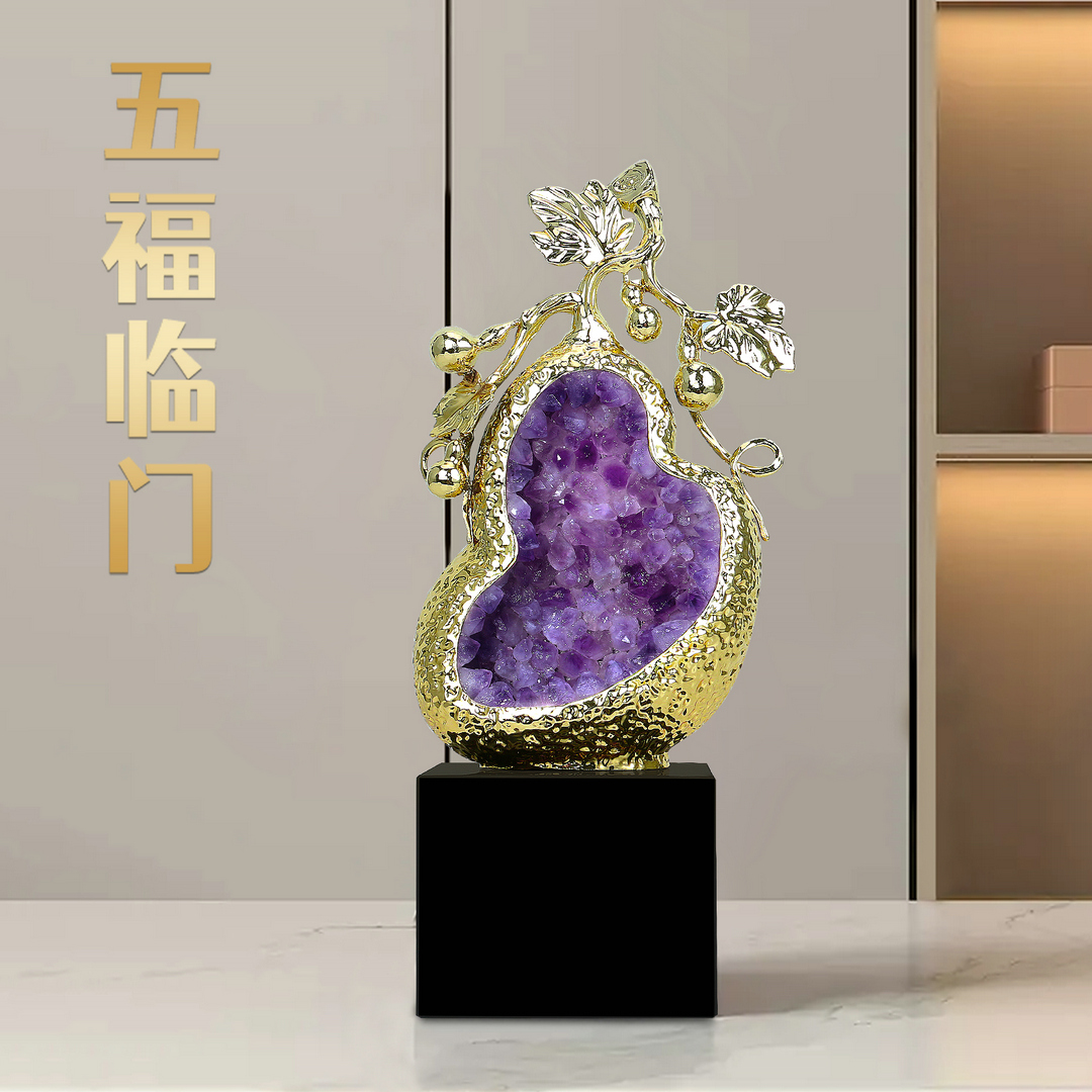 酒柜摆件轻奢紫水晶葫芦摆件客厅玄关柜电视柜装饰品摆件五福临门