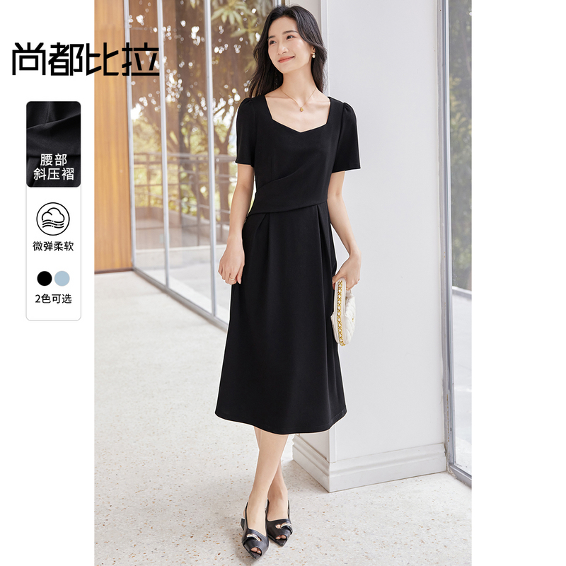 尚都比拉小蛮腰通勤方领围裹式褶收腰显瘦泡泡短袖连衣裙80063