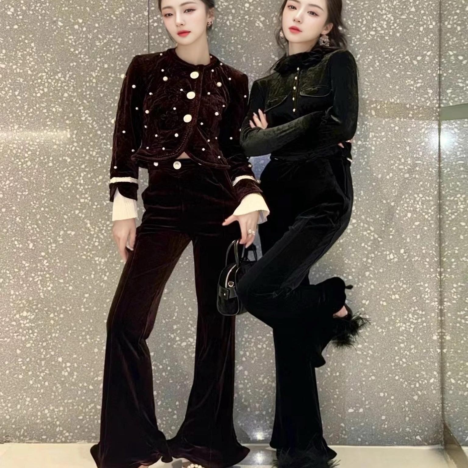 (7折）YOYOUNA珍珠花边装饰黑色丝绒长裤2024秋冬新款显瘦裤