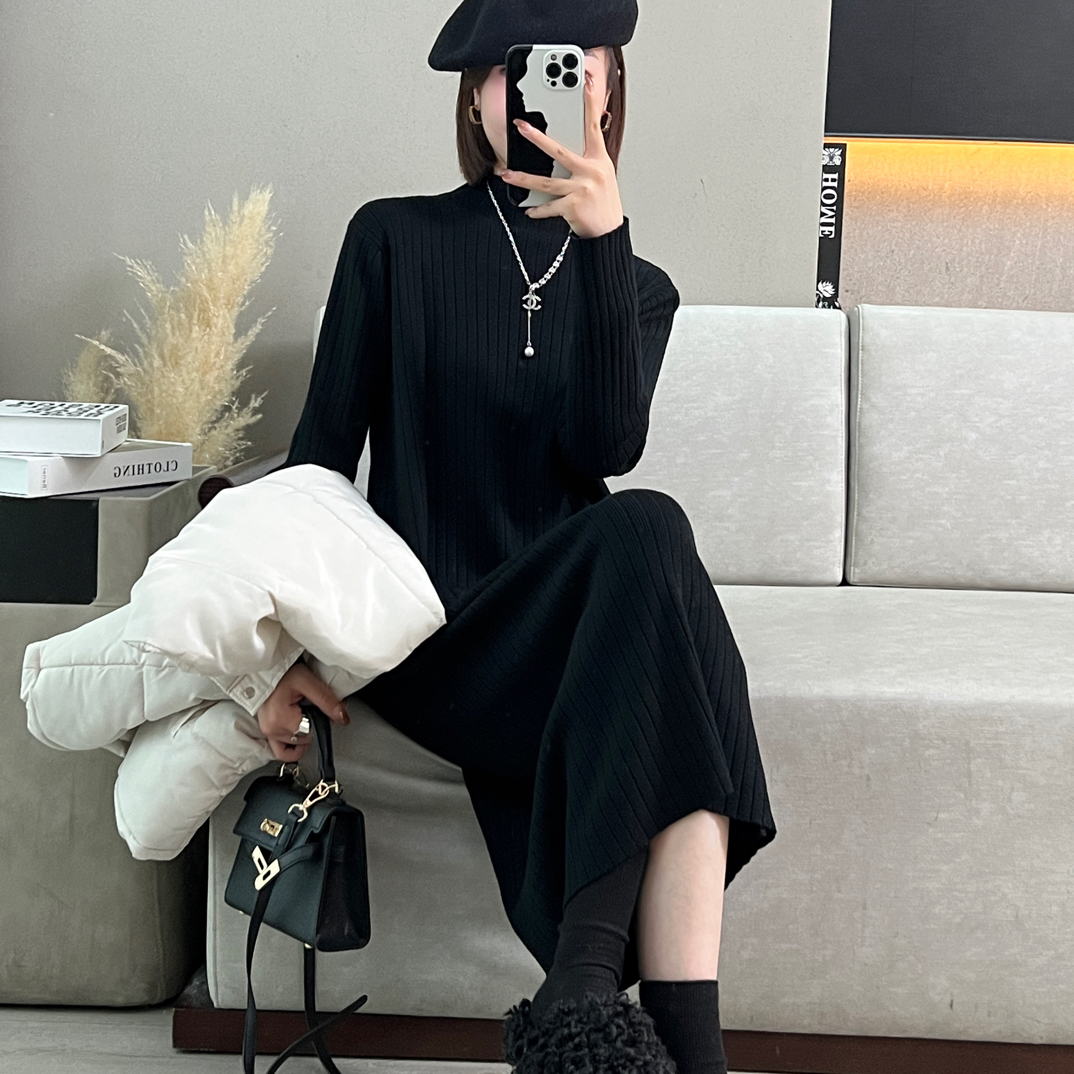 新疆包邮【c733】半高领中长款针织裙-衣长115