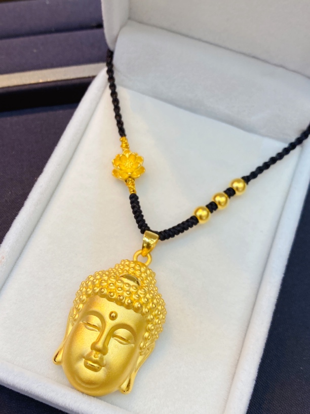 足金999佛头挂坠莲花金珠编绳项链（大版）