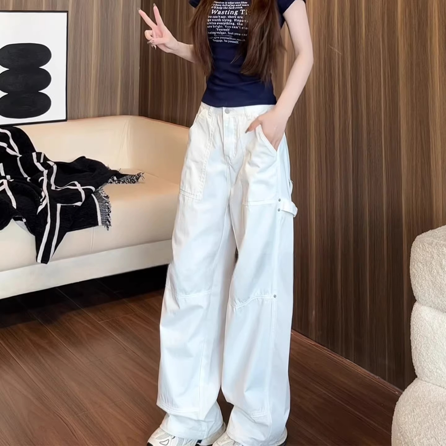 美式复古白色辣妹工装裤女夏薄款2025新款高腰宽松显瘦休闲阔腿裤