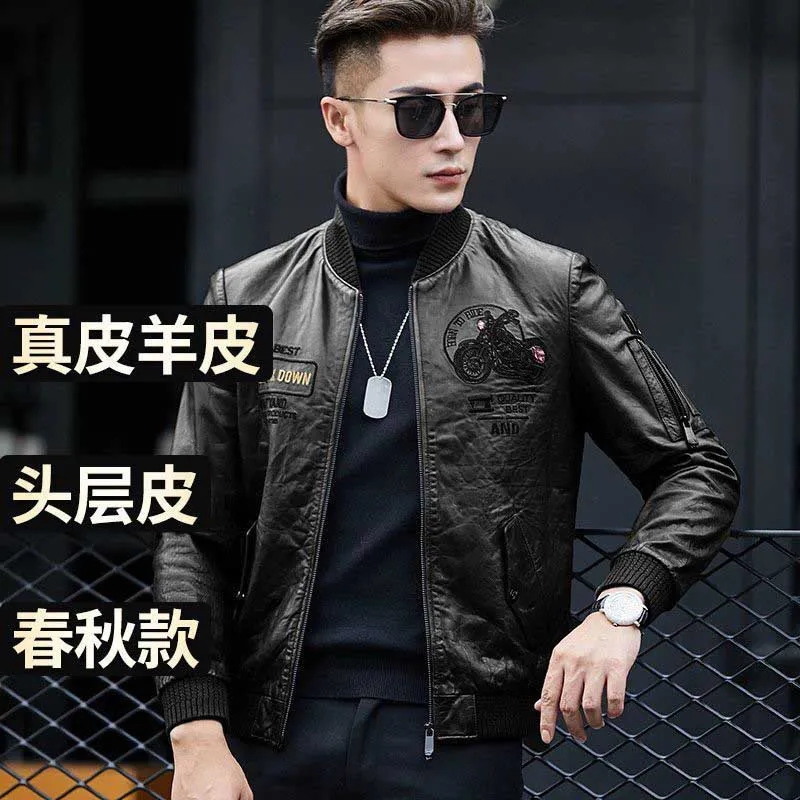 海宁真皮皮衣刺绣直下摆男棒球领短款绵羊皮休闲立领痞帅男装外套