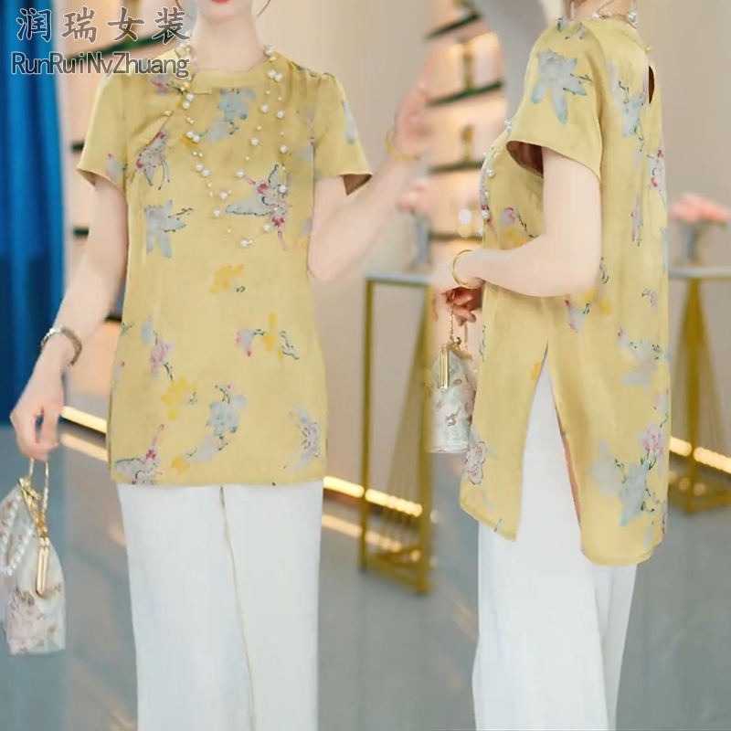 夏季妈妈装新中式国风时尚套装女2025气质减龄短袖阔腿裤两件套潮